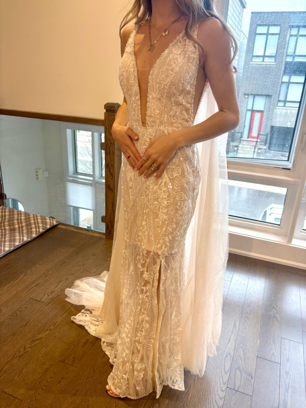 Beaded Lace Deep V Ivory Bridal Gown